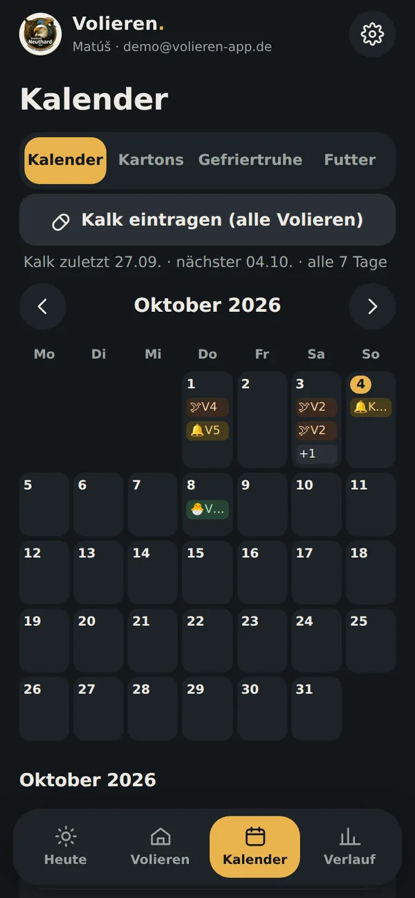 Kalender mit Fütterungen, Kalk und Schlupf